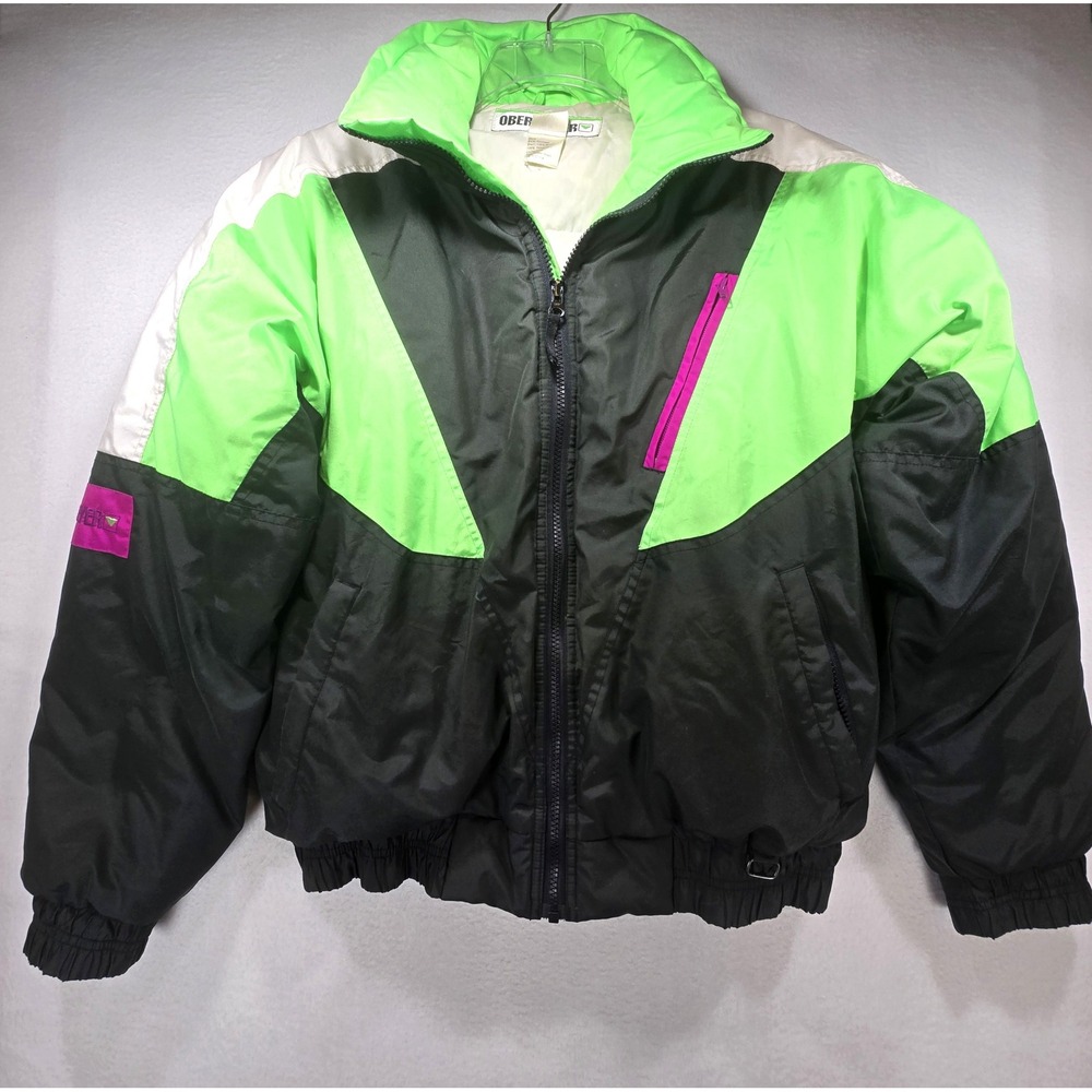 Obermeyer Compass Mens Medium Down Puffer Jacket Neon Green Black Vintage Retro